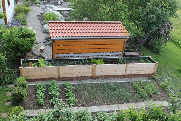 Foto von einem Garten mit Hochbeet, normalen Gemüsebeeten und einem Holzverschlag aus dem 1. Stock.