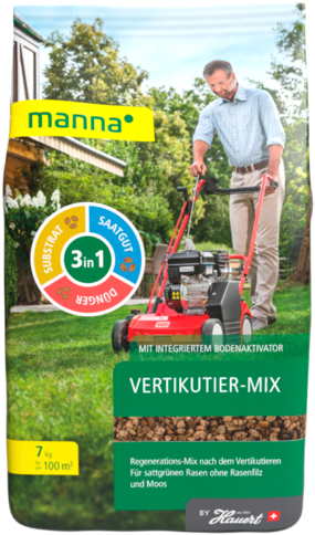 670607, Manna Vertikutier Mix, 7 kg
Enthält alle Komponenten (Saatgut, Dünger, Rasenerde), welche nach dem Vertikutieren benötigt werden um den Rasen zu regenerieren. Neben der ökologischen Substratkomponenten enthält er Huminsäuren und Algen zur Stärkung des Rasens, sowie Bodenverbesserer mit Pflanzenkohle.