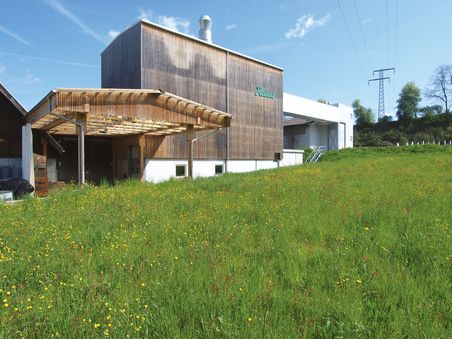 Das Fabrik-Gebäude von aussen fotografiert, viel Gras und blauer Himmel.